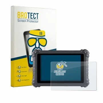 Front side of a product packaging with the brand logo BROTECT. Next to it is the device Autel MaxiSys MS906 Pro shown with the