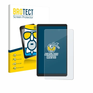 Front side of a product packaging with the brand logo BROTECT. Next to it is the device Ulefone Tab A9 Pro shown with the corr