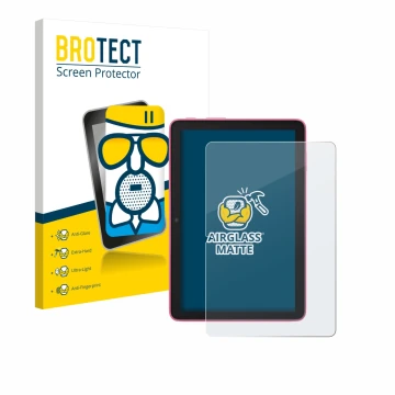 Front side of a product packaging with the brand logo BROTECT. Next to it is the device Amazon Fire HD 8 2024 shown with the c