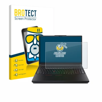 Front side of a product packaging with the brand logo BROTECT. Next to it is the device Lenovo ThinkPad P16 Gen 3 shown with t