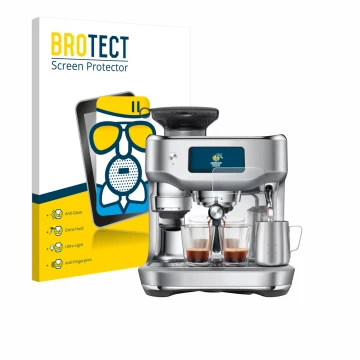 Front side of a product packaging with the brand logo BROTECT. Next to it is the device Sage the Oracle Dual Boiler shown with