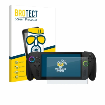 Front side of a product packaging with the brand logo BROTECT. Next to it is the device ASUS ROG Xbox Ally X shown with the co