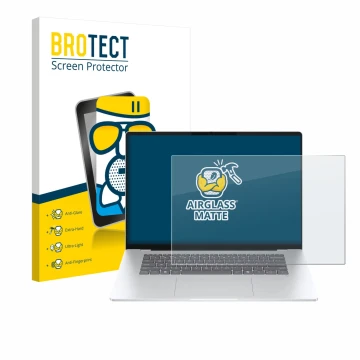 Front side of a product packaging with the brand logo BROTECT. Next to it is the device HP OmniBook 5 16 shown with the corres