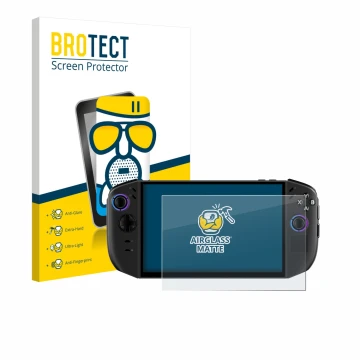 Front side of a product packaging with the brand logo BROTECT. Next to it is the device Lenovo Legion Go Gen 2 shown with the 