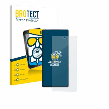 Front side of a product packaging with the brand logo BROTECT. Next to it is the device ZTE Nubia Red Magic 11 Pro+ shown with
