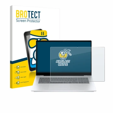 Front side of a product packaging with the brand logo BROTECT. Next to it is the device HP OmniBook 7 17-dc shown with the cor