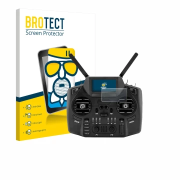 Front side of a product packaging with the brand logo BROTECT. Next to it is the device Radiomaster GX12 shown with the corres