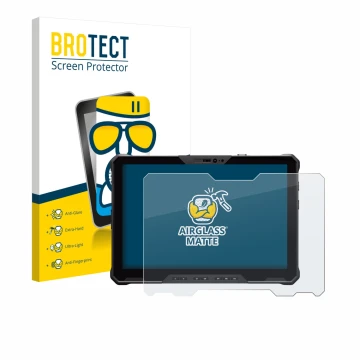 Front side of a product packaging with the brand logo BROTECT. Next to it is the device Dell Pro Rugged 12 RA02260 shown with 