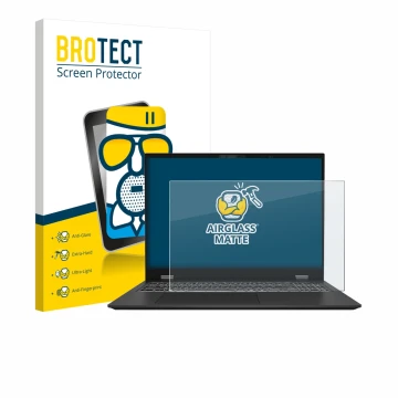 Front side of a product packaging with the brand logo BROTECT. Next to it is the device MSI Prestige 16 AI Evo B1M shown with 