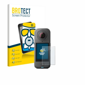 Front side of a product packaging with the brand logo BROTECT. Next to it is the device Insta360 X4 Air shown with the corresp