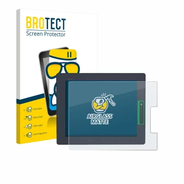 Front side of a product packaging with the brand logo BROTECT. Next to it is the device Schneider-electric HMIDT542 shown with
