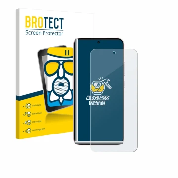 Front side of a product packaging with the brand logo BROTECT. Next to it is the device Oppo Reno 14 shown with the correspond