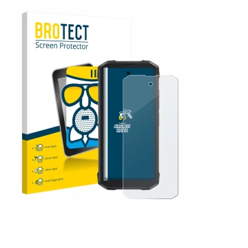 Front side of a product packaging with the brand logo BROTECT. Next to it is the device Cubot King Kong Mini 4 shown with the 