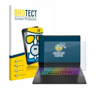 Front side of a product packaging with the brand logo BROTECT. Next to it is the device HP Omen Max 16 shown with the correspo