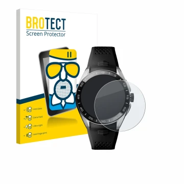 Front side of a product packaging with the brand logo BROTECT. Next to it is the device TAG Heuer Connected Calibre E5 (45 mm)