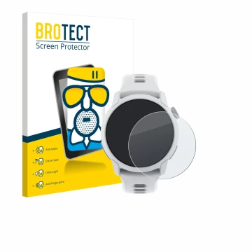 Front side of a product packaging with the brand logo BROTECT. Next to it is the device Coros Pace 4 shown with the correspond