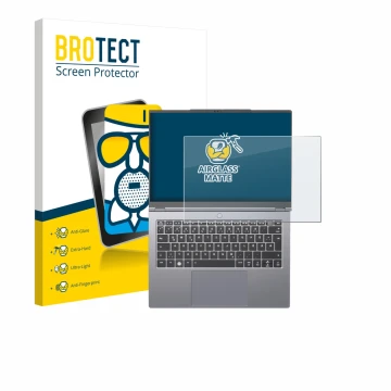 Front side of a product packaging with the brand logo BROTECT. Next to it is the device Tuxedo InfinityBook Pro 14 Gen 10 show