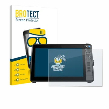 Front side of a product packaging with the brand logo BROTECT. Next to it is the device Lowrance HDS-12 Pro shown with the cor