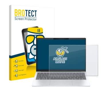 Front side of a product packaging with the brand logo BROTECT. Next to it is the device HP OmniBook 7 Aero 13 shown with the c