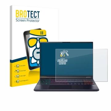 Front side of a product packaging with the brand logo BROTECT. Next to it is the device Acer Predator Helios Neo 16 AI shown w