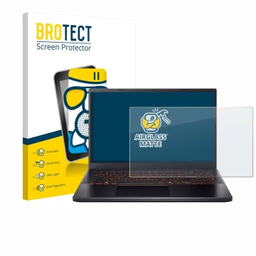 Front side of a product packaging with the brand logo BROTECT. Next to it is the device Acer Nitro V 15 shown with the corresp