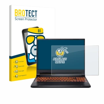 Front side of a product packaging with the brand logo BROTECT. Next to it is the device Acer Nitro V 16 shown with the corresp