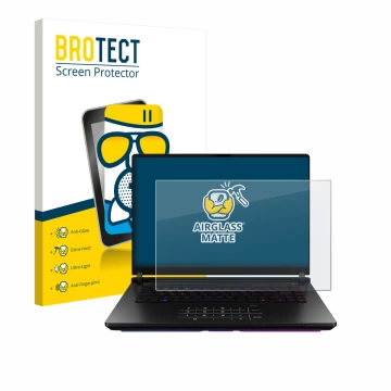 Front side of a product packaging with the brand logo BROTECT. Next to it is the device ASUS ROG Strix SCAR 18 2025 shown with