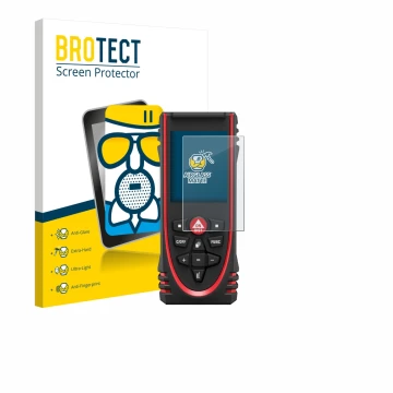 Front side of a product packaging with the brand logo BROTECT. Next to it is the device Leica DISTO X3 shown with the correspo