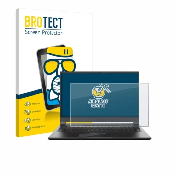 Front side of a product packaging with the brand logo BROTECT. Next to it is the device Gigabyte AORUS 17 2024 shown with the 