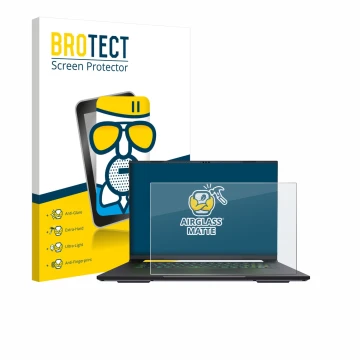 Front side of a product packaging with the brand logo BROTECT. Next to it is the device Gigabyte AERO X16 2025 shown with the 
