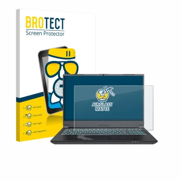 Front side of a product packaging with the brand logo BROTECT. Next to it is the device Gigabyte G5 2024 shown with the corres