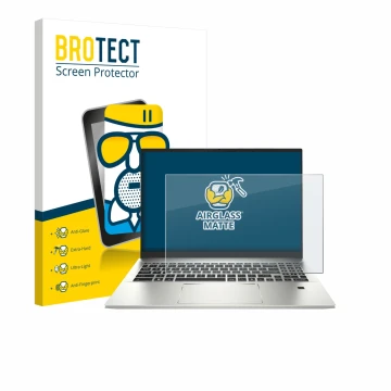 Front side of a product packaging with the brand logo BROTECT. Next to it is the device MSI Prestige A16 AI+ shown with the co
