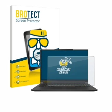 Front side of a product packaging with the brand logo BROTECT. Next to it is the device MSI Stealth A16 AI+ shown with the cor