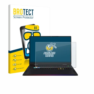 Front side of a product packaging with the brand logo BROTECT. Next to it is the device MSI Raider A18 HX shown with the corre