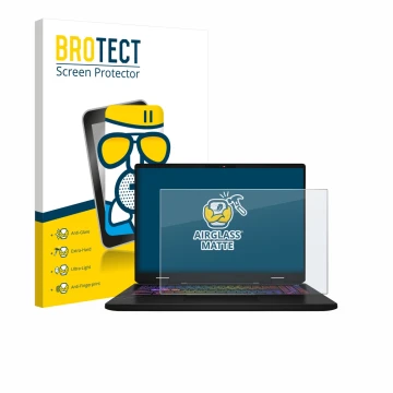 Front side of a product packaging with the brand logo BROTECT. Next to it is the device MSI Vector 16 HX AI shown with the cor