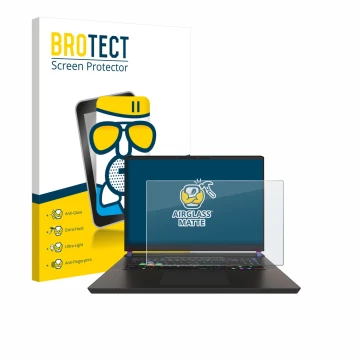 Front side of a product packaging with the brand logo BROTECT. Next to it is the device MSI Vector 17 HX shown with the corres