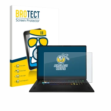 Front side of a product packaging with the brand logo BROTECT. Next to it is the device MSI Vector A18 HX 2025 shown with the 