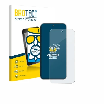 Front side of a product packaging with the brand logo BROTECT. Next to it is the device Xiaomi Poco F8 Pro shown with the corr