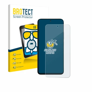 Front side of a product packaging with the brand logo BROTECT. Next to it is the device Xiaomi Poco M7 Plus shown with the cor