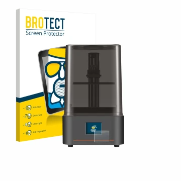 Front side of a product packaging with the brand logo BROTECT. Next to it is the device Anycubic Photon Mono 4 shown with the 