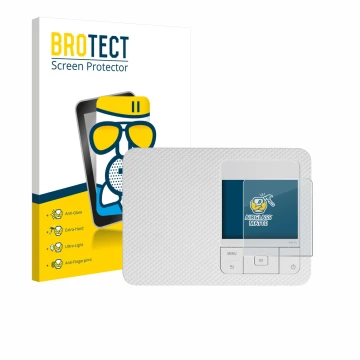 Front side of a product packaging with the brand logo BROTECT. Next to it is the device Canon Selphy CP1500 Mini shown with th