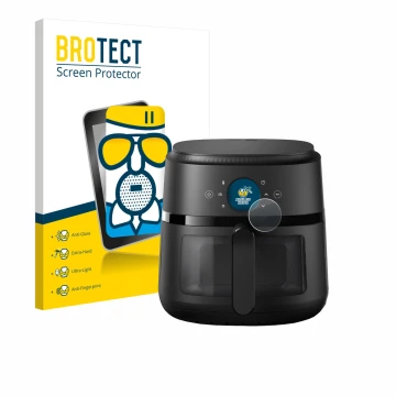 Front side of a product packaging with the brand logo BROTECT. Next to it is the device Philips Airfryer 2000 Gen 2 6,2L shown