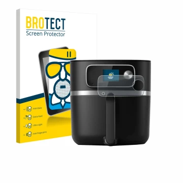 Front side of a product packaging with the brand logo BROTECT. Next to it is the device Philips Airfryer HD9880/90 shown with 