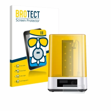 Front side of a product packaging with the brand logo BROTECT. Next to it is the device Anycubic Wash & Cure 3 shown with the 