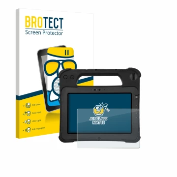 Front side of a product packaging with the brand logo BROTECT. Next to it is the device Zebra XPad L10ax shown with the corres