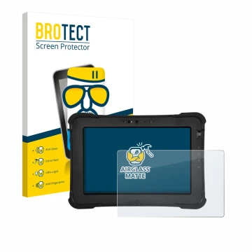 Front side of a product packaging with the brand logo BROTECT. Next to it is the device Zebra XSlate L10ax shown with the corr
