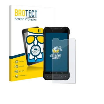 Front side of a product packaging with the brand logo BROTECT. Next to it is the device Zebra Xplore M60 shown with the corres