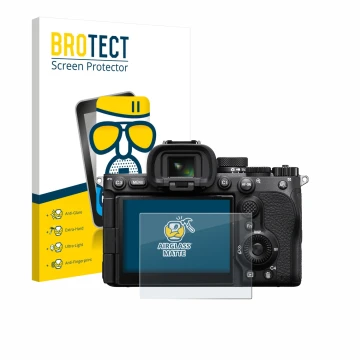 Front side of a product packaging with the brand logo BROTECT. Next to it is the device Sony Alpha 7 V (ILCE-7M5) shown with t