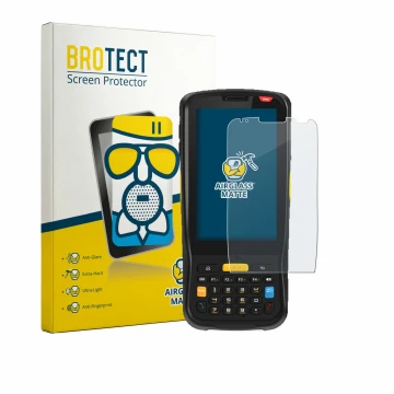 Front side of a product packaging with the brand logo BROTECT. Next to it is the device Newland MT65 Beluga V shown with the c