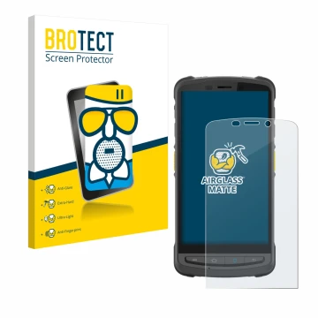 Front side of a product packaging with the brand logo BROTECT. Next to it is the device Newland MT9055 Orca III shown with the